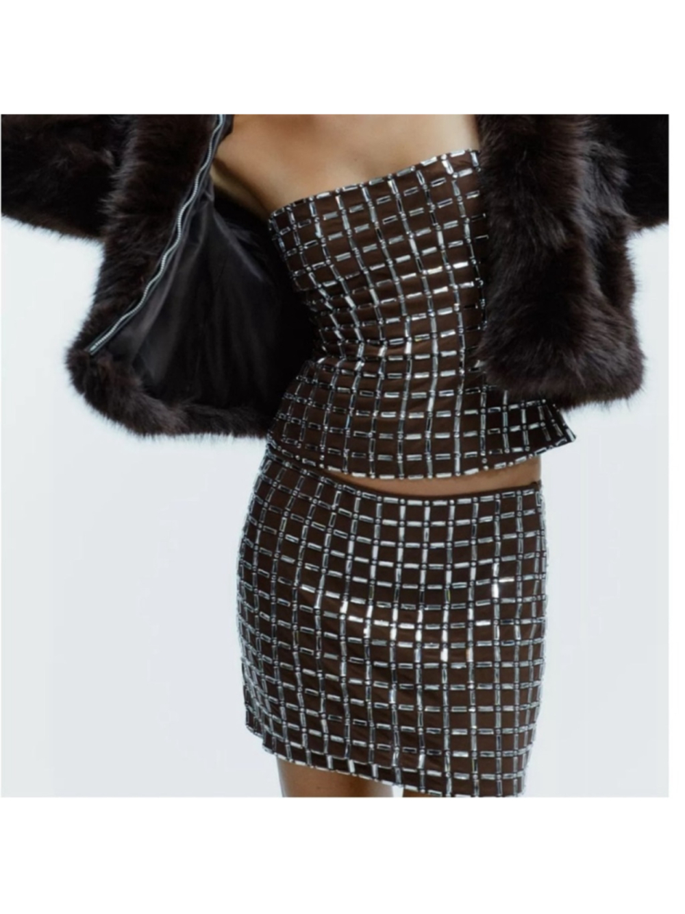 Zara Brown Sparkly Mini Skirt part of Coord Matching Skirt Set L NWT - Picture 3 of 6